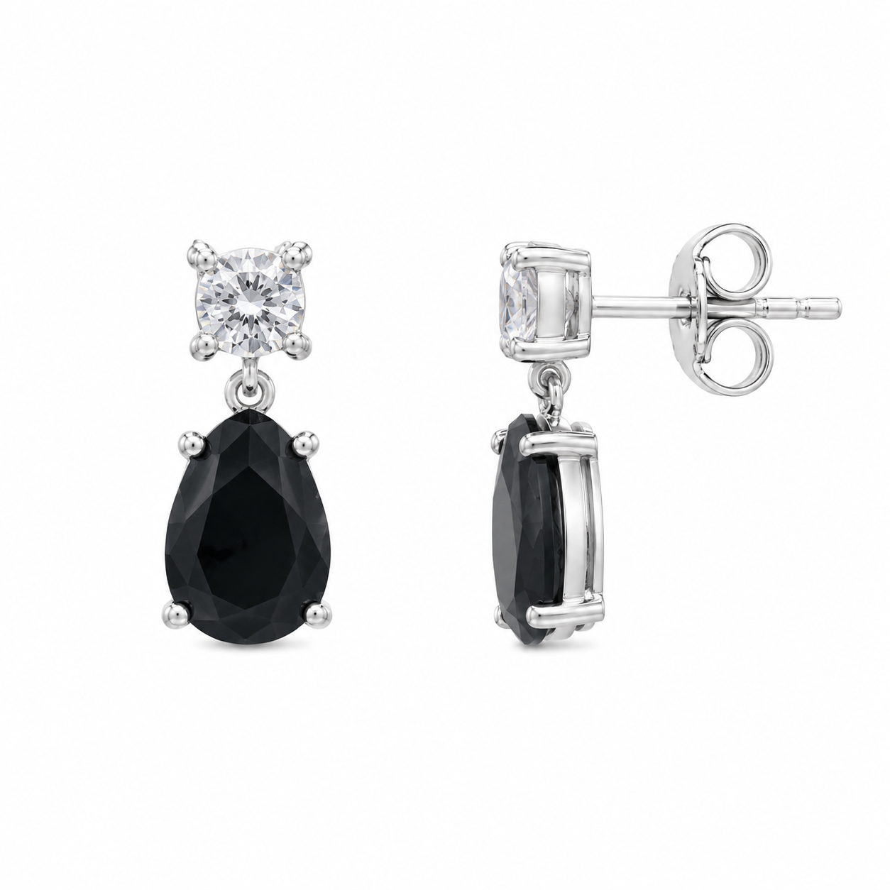 Rhodium Plated 925 Silver Teardrop Black CZ Stud Earring and Necklace Set - STS00293