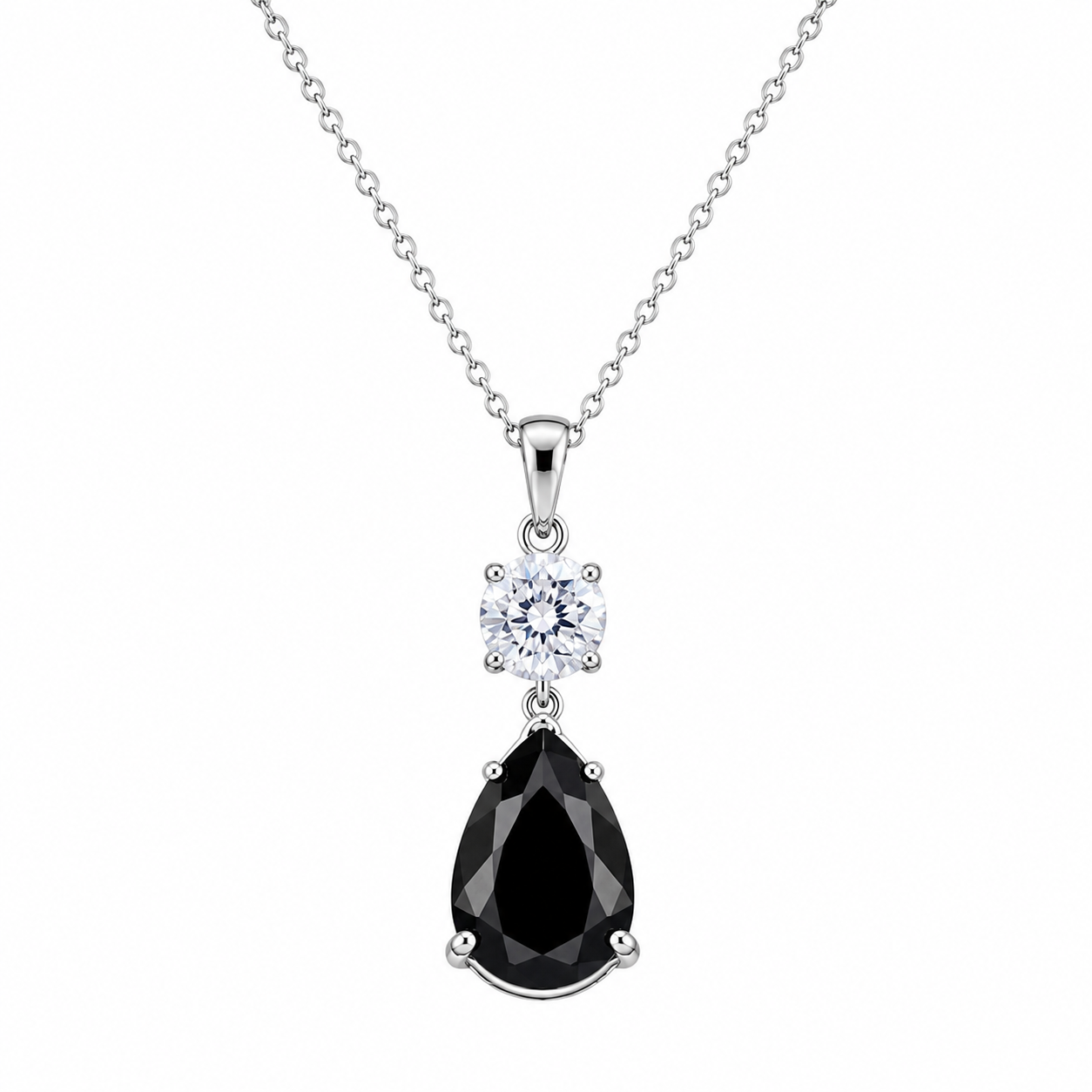 Rhodium Plated 925 Silver Teardrop Black CZ Stud Earring and Necklace Set - STS00293