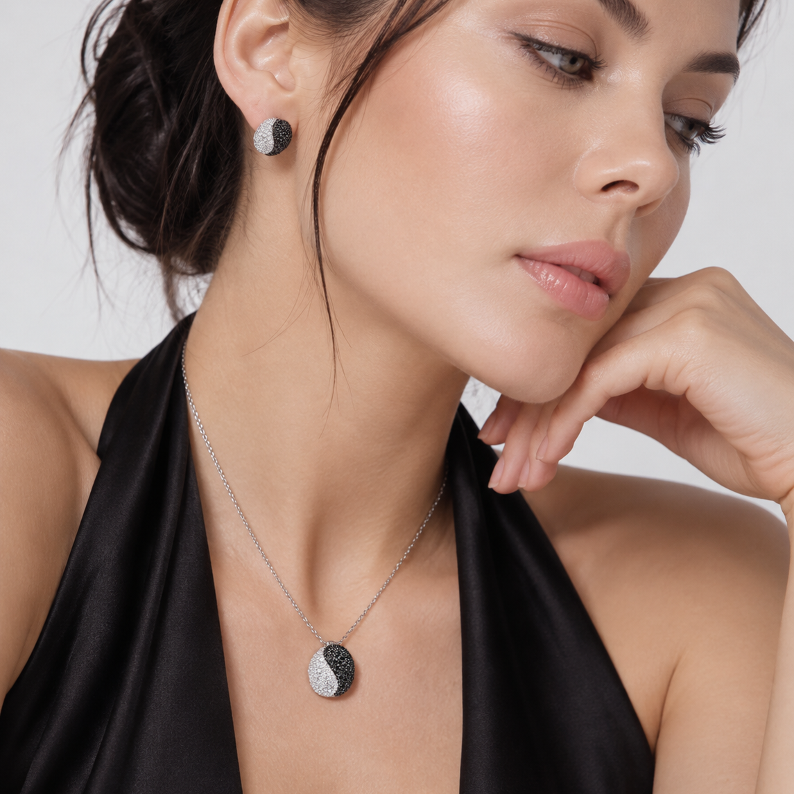 Final Price-Rhodium Plated 925 Sterling Silver Black & White CZ Yin Yang Round Pendant & Stud Earring Jewelry Set- STS00313