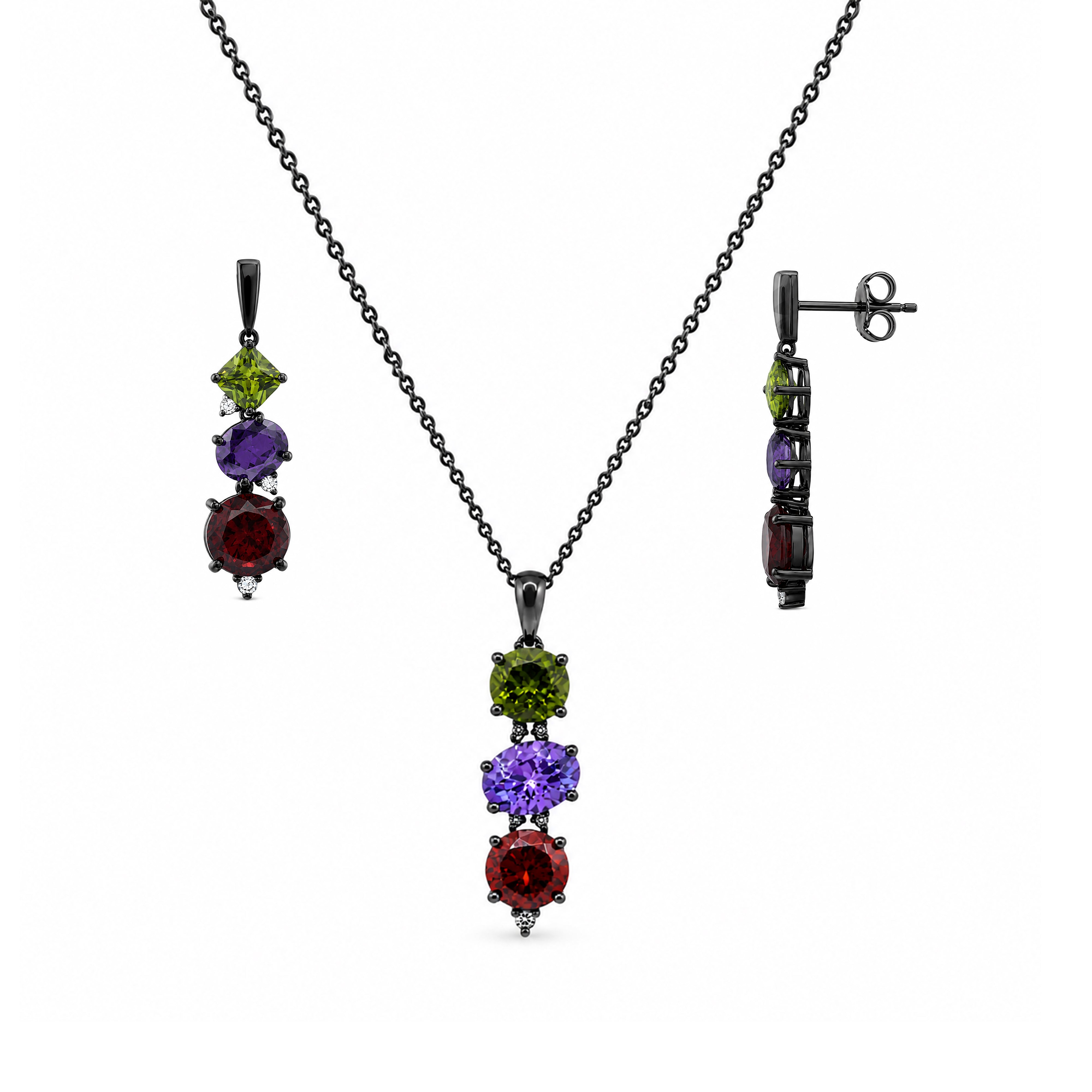 Conjunto de aretes y collar colgantes con circonita cúbica redonda de varios colores chapados en rodio de plata 925 - STS00314