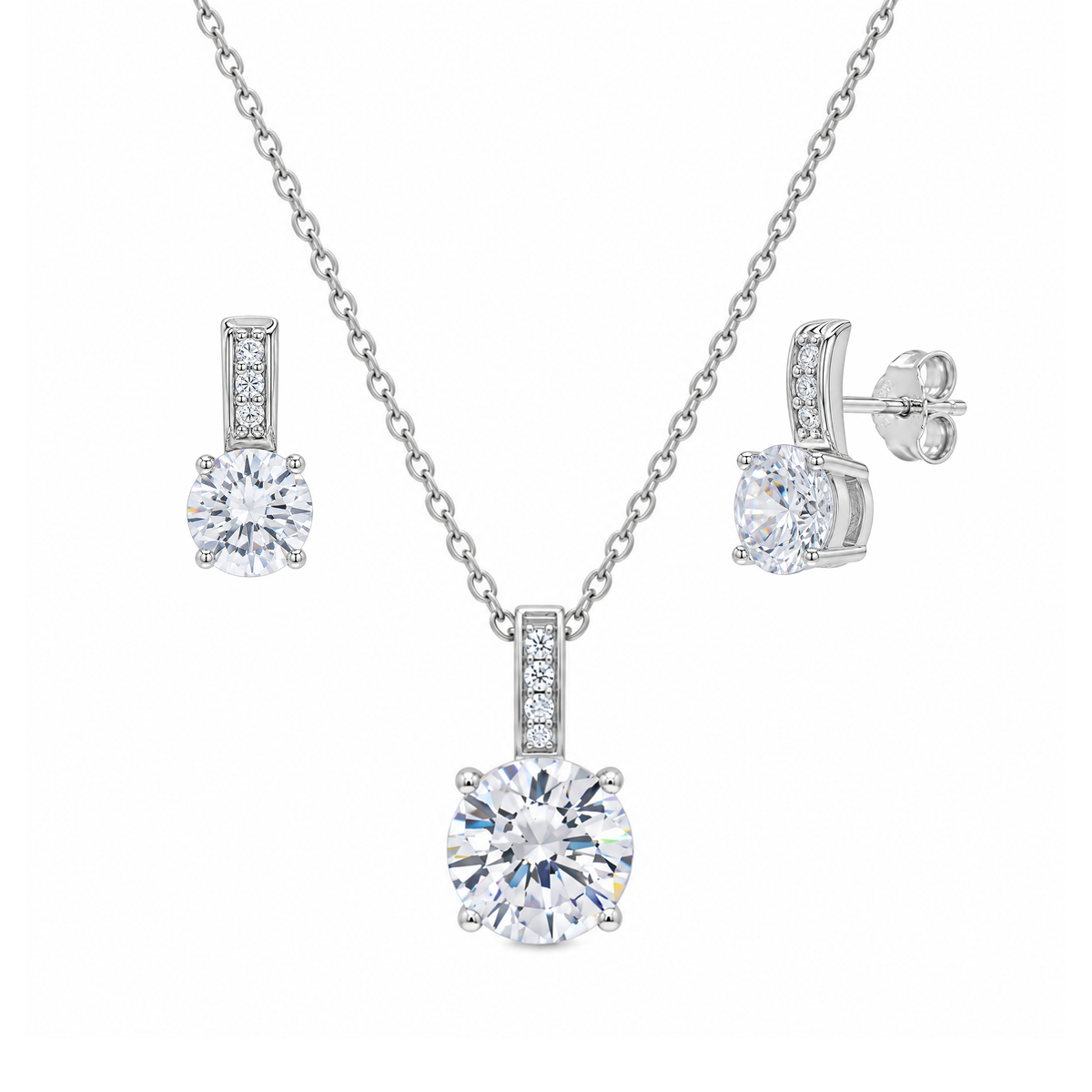 Rhodium Plated 925 Sterling Silver Dainty Round CZ Stud Earring and Necklace Set - STS00351
