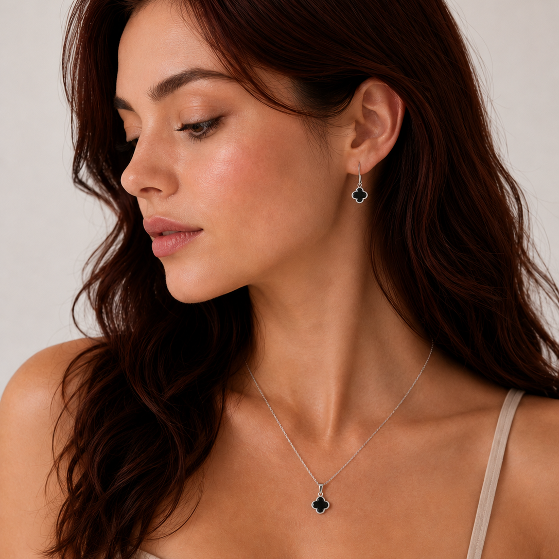 Rhodium Plated 925 Silver Black Onyx Clover Flower Dangling Hook Earring and Necklace Set - STS00354