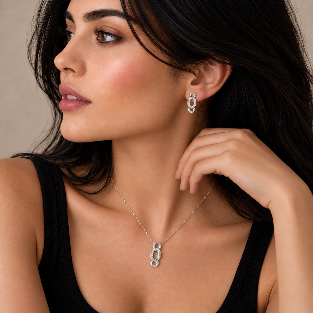 Juego de aretes y collar con cierre de palanca CZ con eslabones circulares abiertos chapados en rodio en plata 925 - STS00364