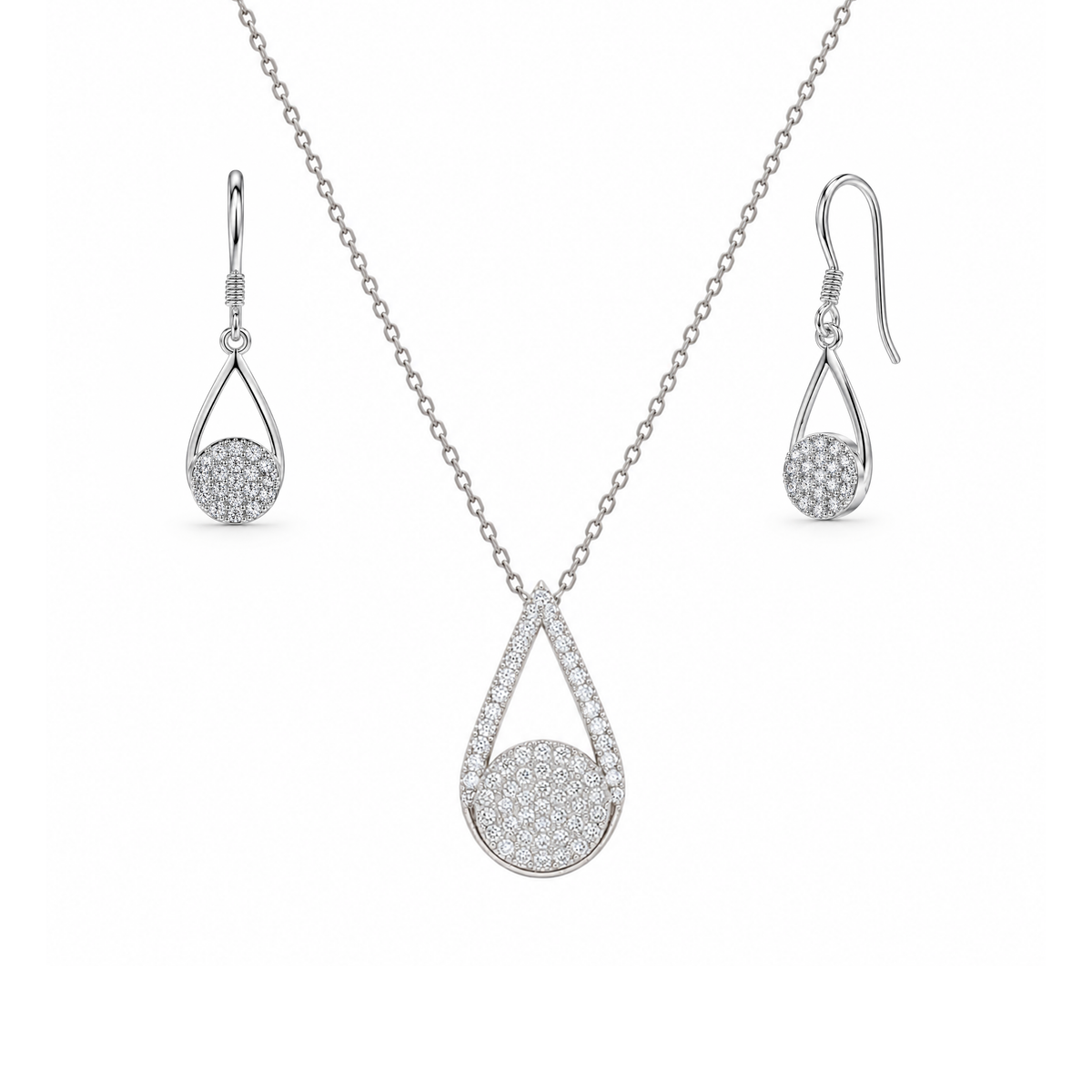 Juego de aretes y collar con gancho colgante con circonita cúbica en forma de lágrima abierta chapada en rodio de plata 925 - STS00411