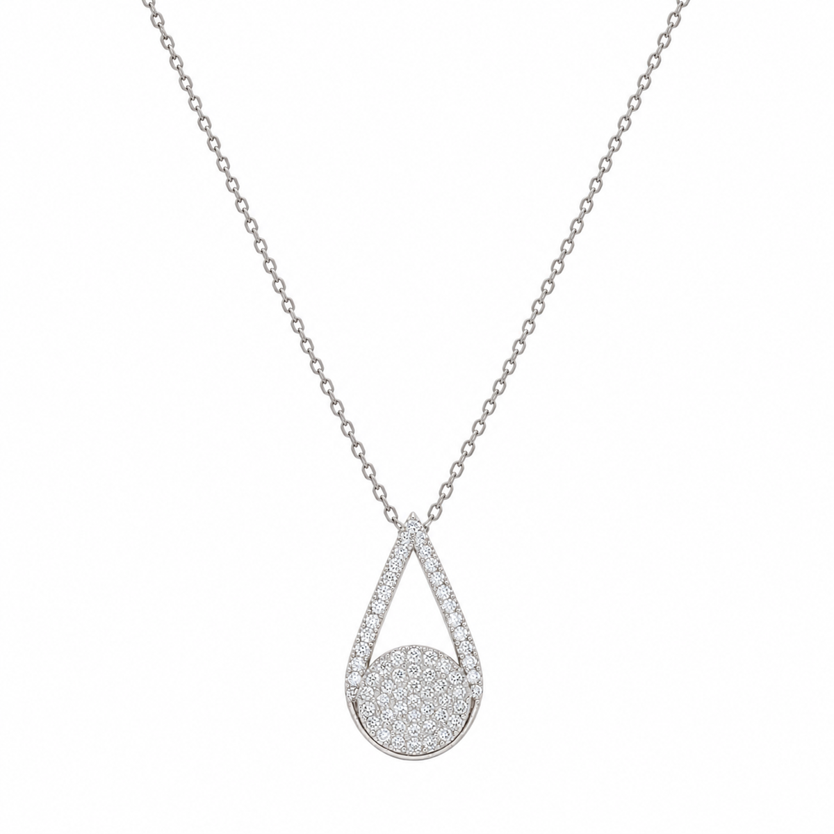 Juego de aretes y collar con gancho colgante con circonita cúbica en forma de lágrima abierta chapada en rodio de plata 925 - STS00411