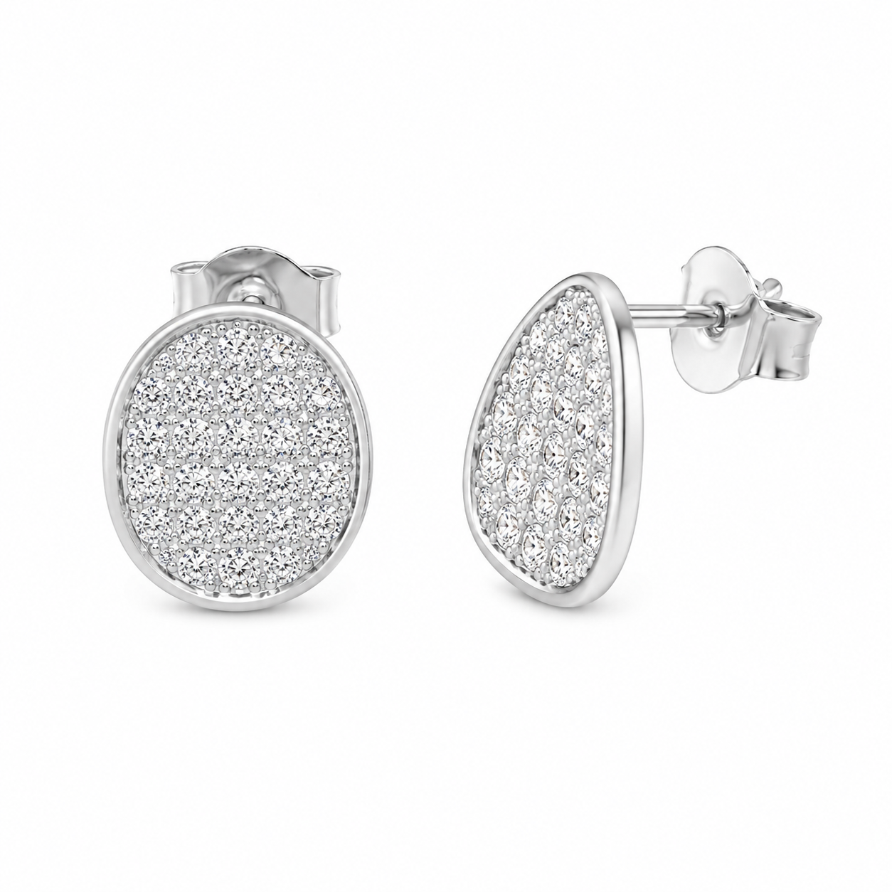 Rhodium Plated 925 Silver Waved Oval CZ Pave Stud Earring and Necklace Set - STS00412
