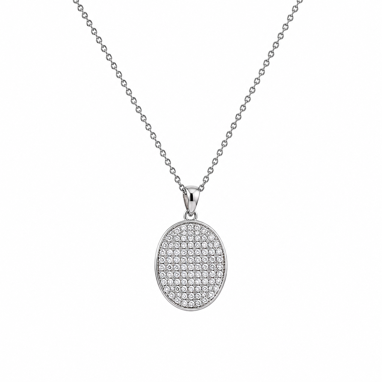 Rhodium Plated 925 Silver Waved Oval CZ Pave Stud Earring and Necklace Set - STS00412