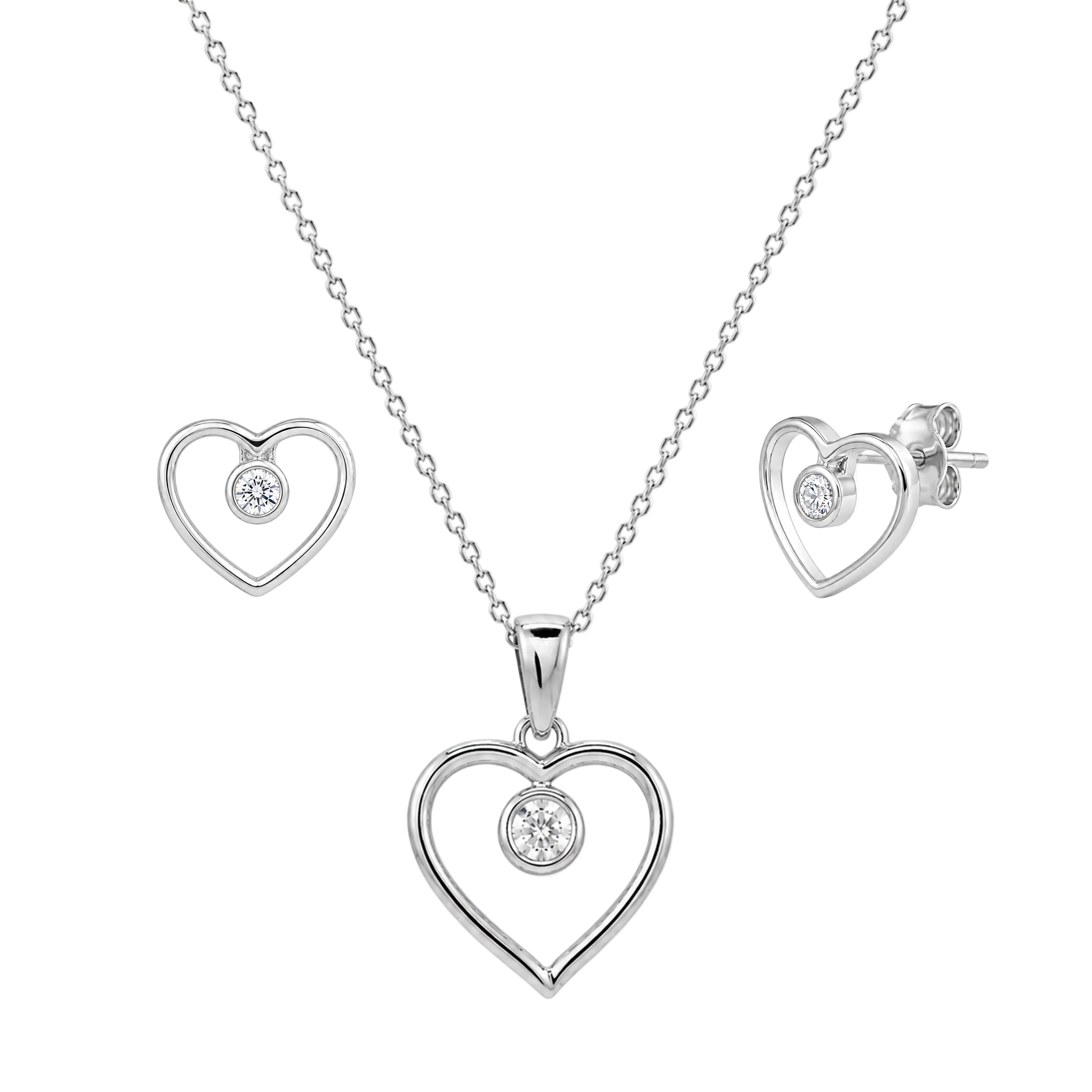 Rhodium Plated 925 Silver Open Heart CZ Stud Earring and Necklace Set - STS00417