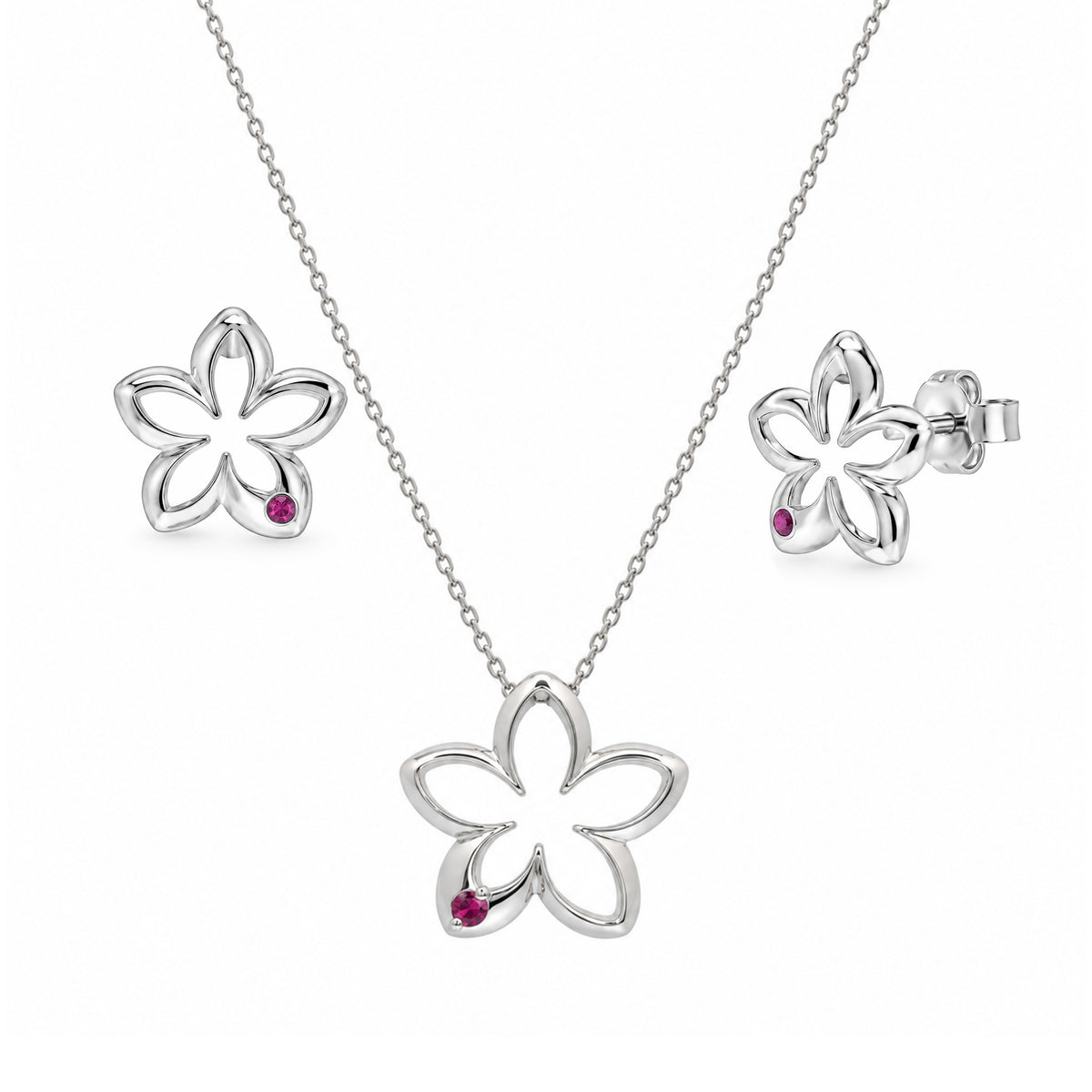 Conjunto de aretes y collar con circonita cúbica redonda roja pequeña y flor abierta chapada en rodio de plata 925 - STS00419