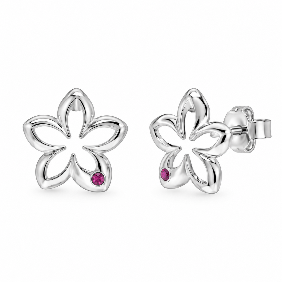 Conjunto de aretes y collar con circonita cúbica redonda roja pequeña y flor abierta chapada en rodio de plata 925 - STS00419