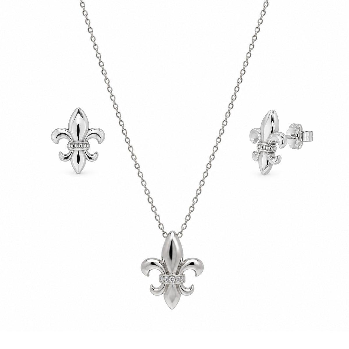 Juego de aretes y collar con circonita cúbica de flor de lis chapada en rodio en plata 925 - STS00428