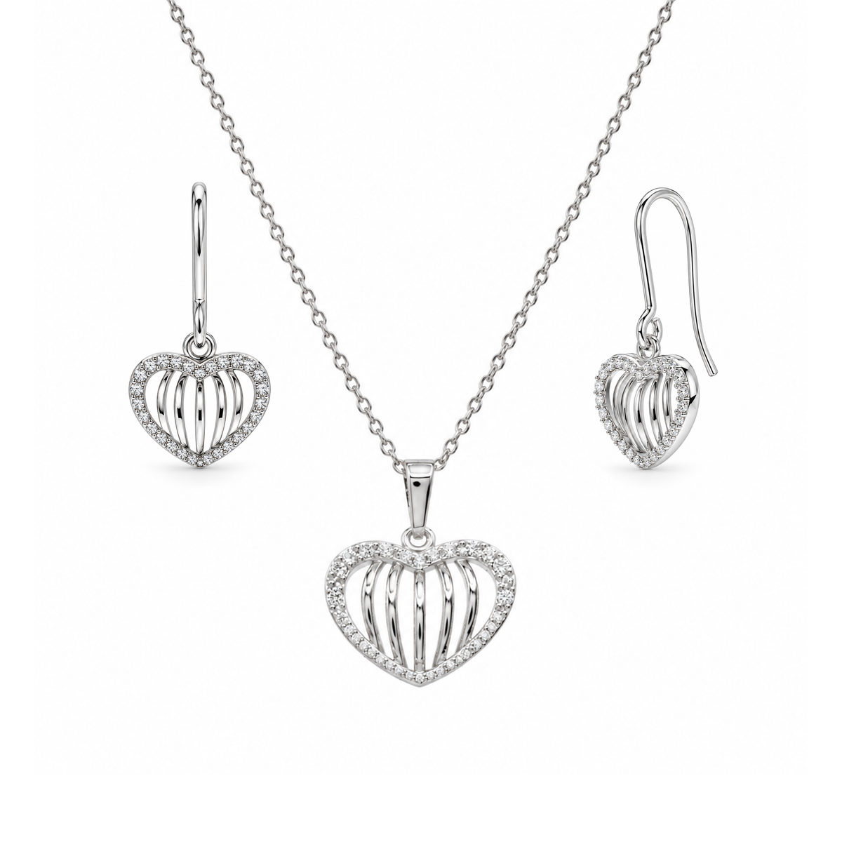Juego de aretes y collar con circonita cúbica y rayas de corazón abierto chapado en rodio en plata 925 - STS00434