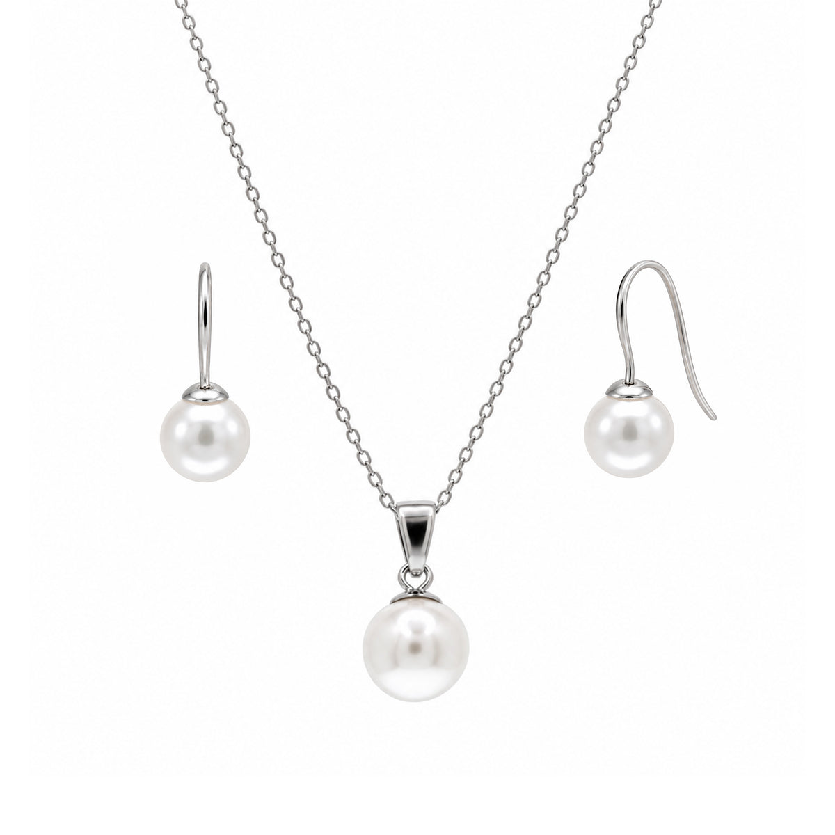 Juego de collar y aretes con palanca de perlas de esmalte blanco chapado en rodio de plata 925 - STS00437