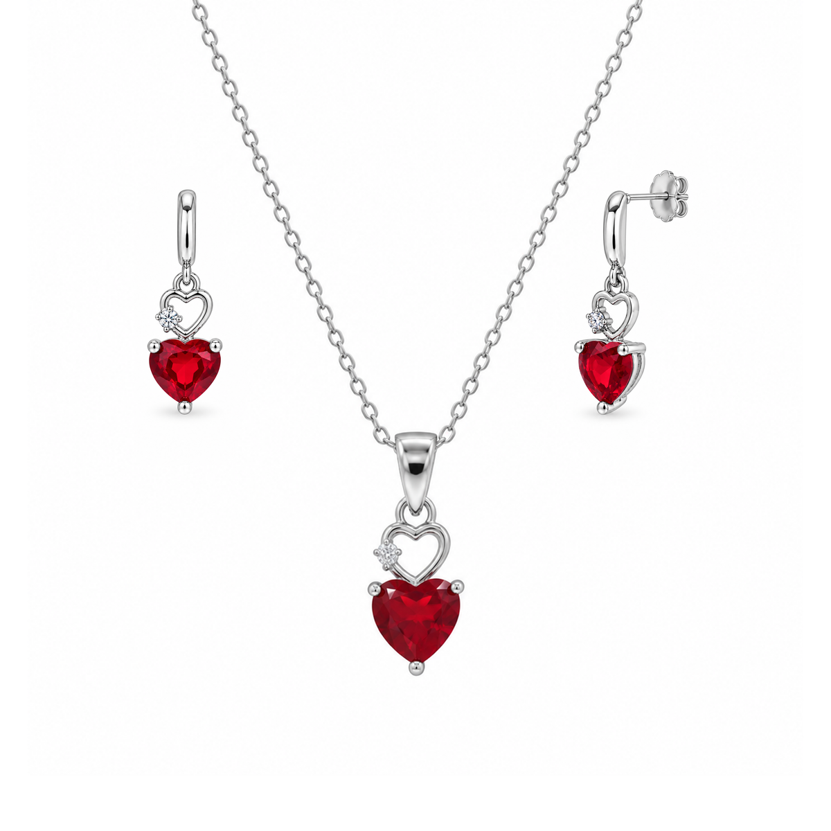 Rhodium Plated 925 Sterling Silver Red CZ Heart Dangle Earring and Pendant Necklace Set - STS00438