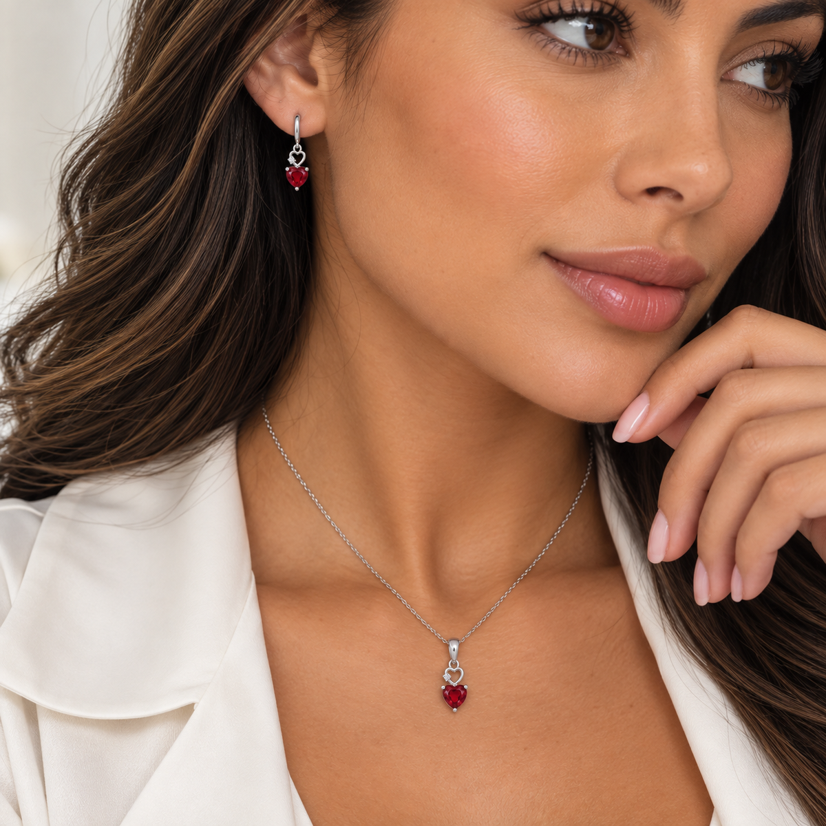 Rhodium Plated 925 Sterling Silver Red CZ Heart Dangle Earring and Pendant Necklace Set - STS00438