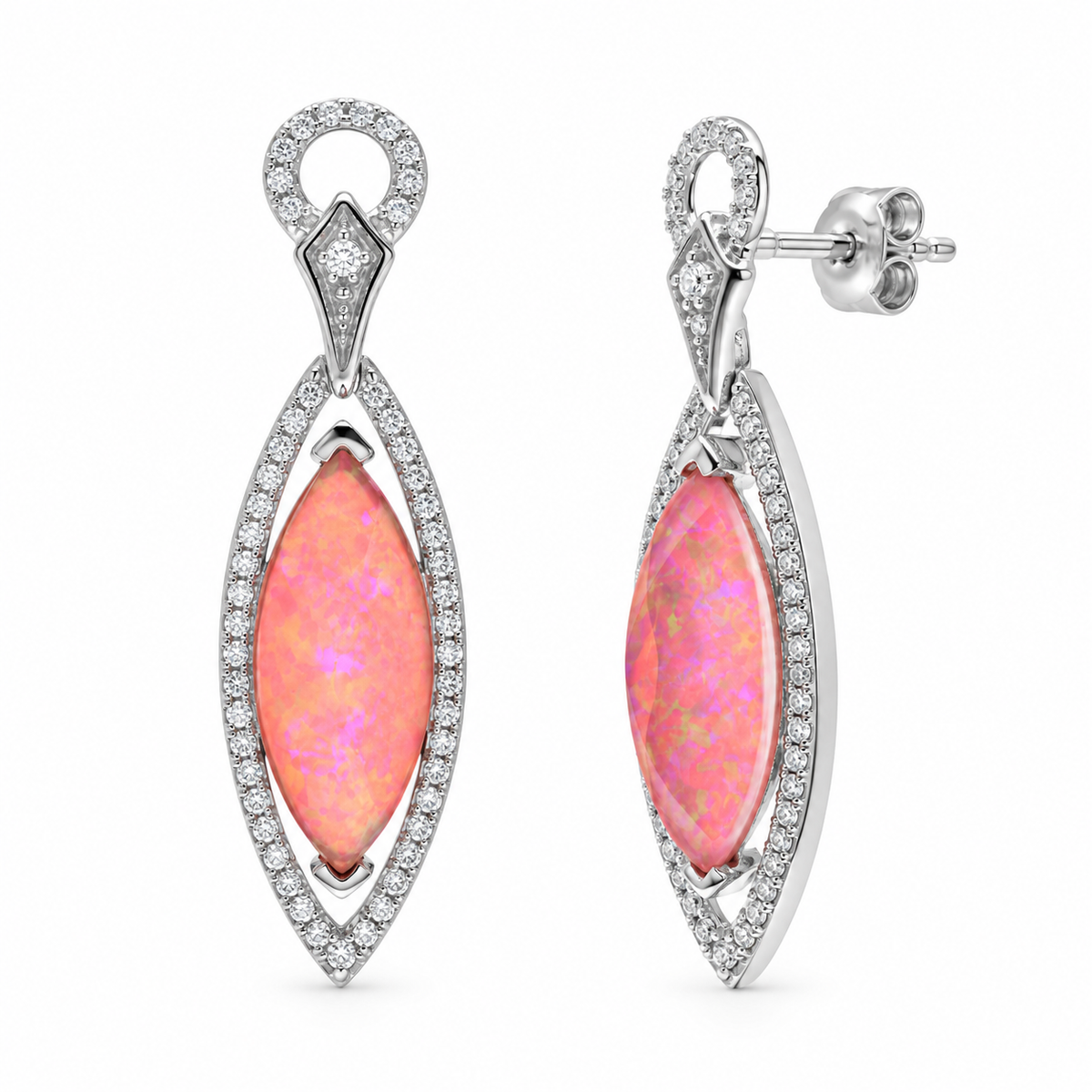 Juego de collar y aretes colgantes con circonita rosa chapada en rodio en plata 925 - STS00465