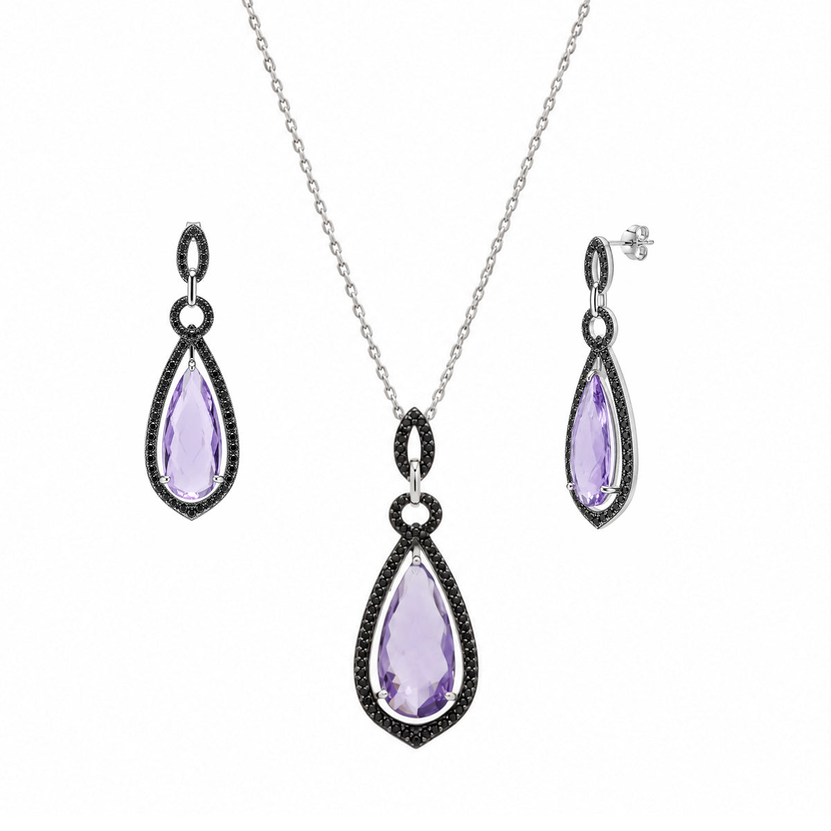 Conjunto de pendientes colgantes de amatista en forma de lágrima, tallados a mano, en plata 925 con baño de rodio negro - STS00471