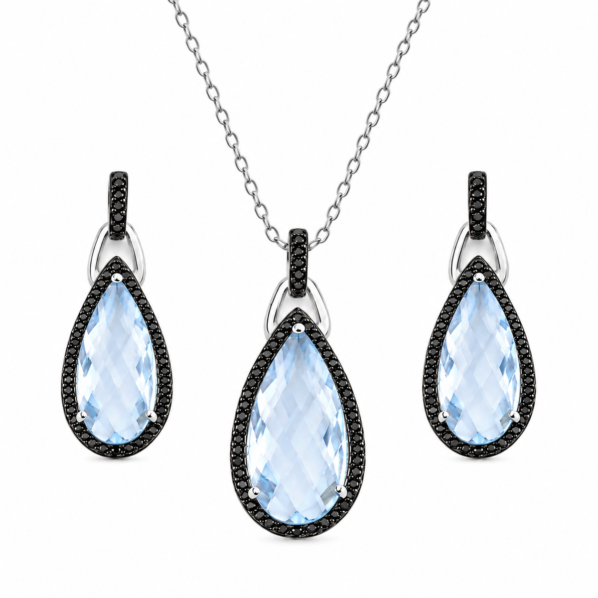 Black Rhodium Plated 925 Sterling Silver Blue Topaz Teardrop CZ Dangle Earring and Necklace Matching Set - STS00472
