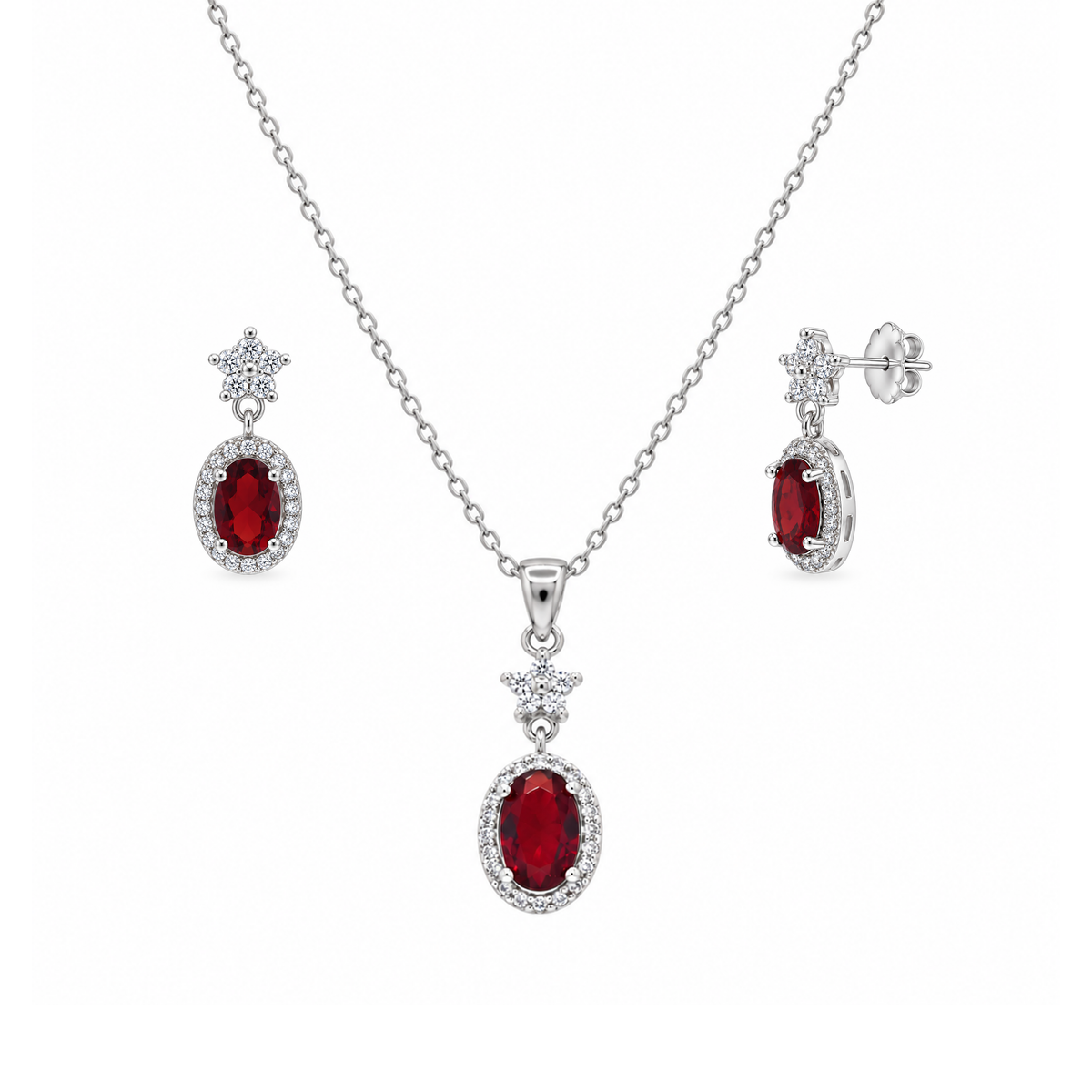 Rhodium Plated 925 Sterling Silver Red Oval & Flower CZ Earring and Necklace Set- STS00473
