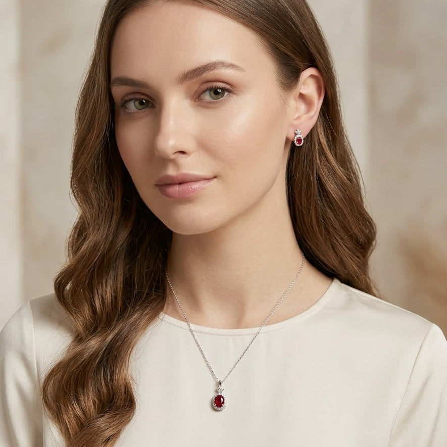 Rhodium Plated 925 Sterling Silver Red Oval & Flower CZ Earring and Necklace Set- STS00473