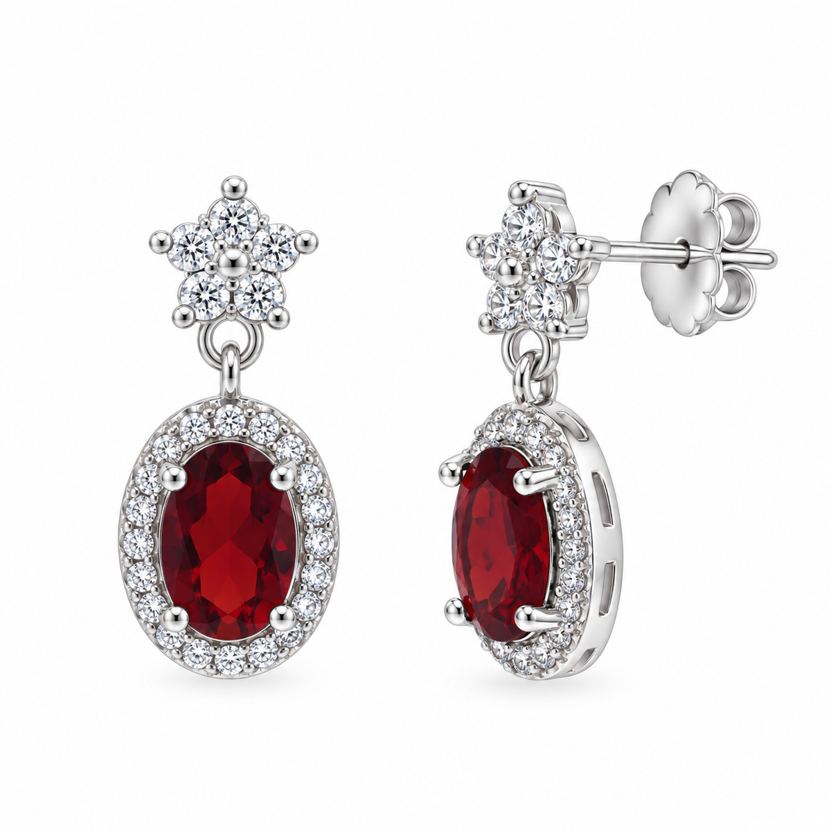 Rhodium Plated 925 Sterling Silver Red Oval & Flower CZ Earring and Necklace Set- STS00473