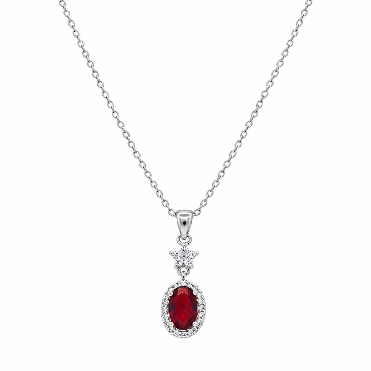 Rhodium Plated 925 Sterling Silver Red Oval & Flower CZ Earring and Necklace Set- STS00473