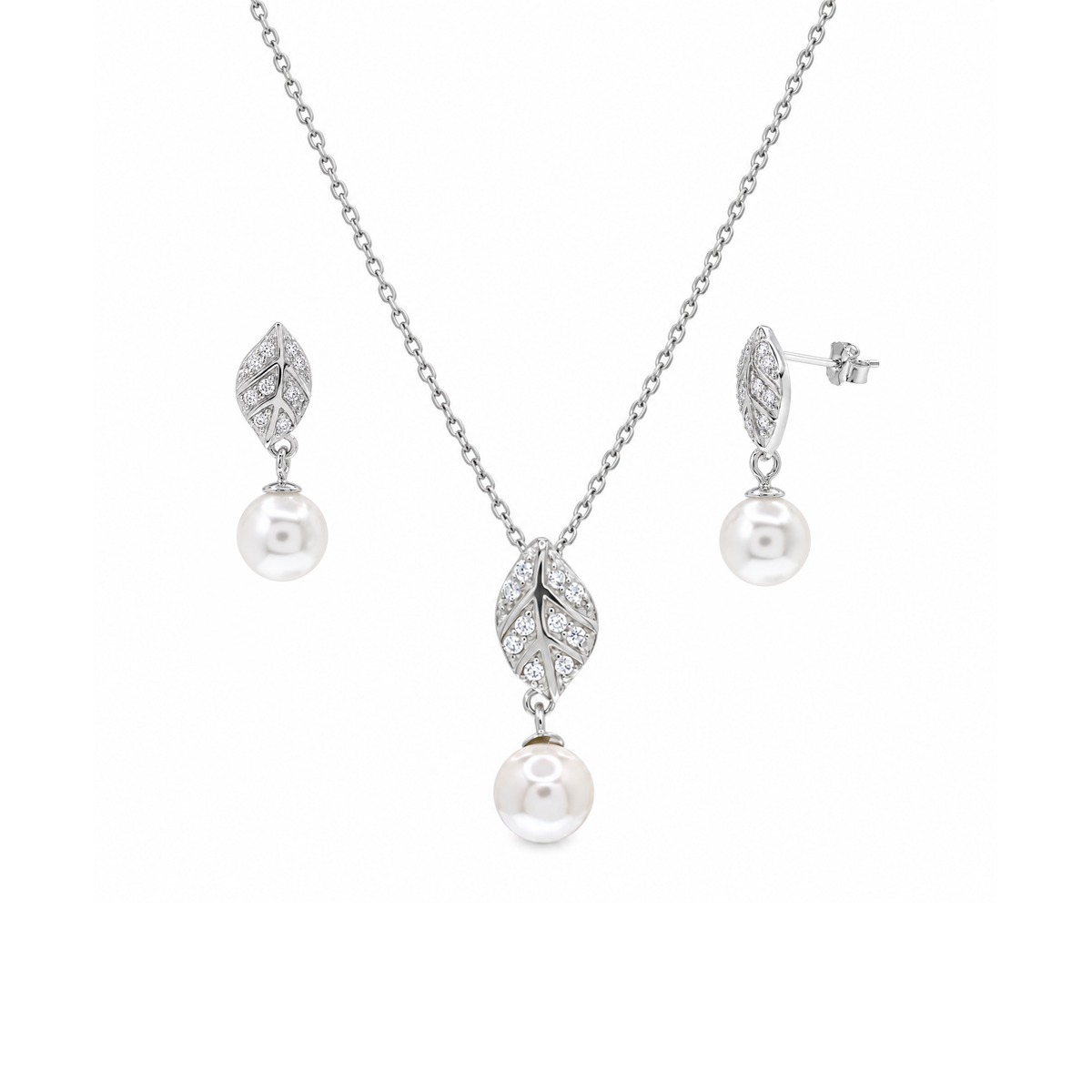 Rhodium Plated 925 Sterling Silver Pearl CZ Leaf Dangle Earring and Necklace Set - STS00478