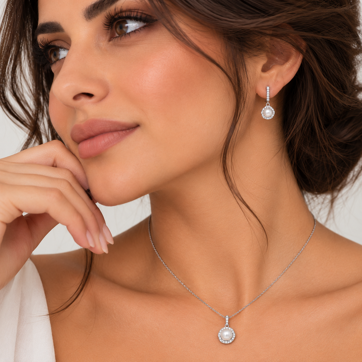 Rhodium Plated 925 Silver Twisted CZ & Pearl Dangling Stud Earring and Necklace Set - STS00479