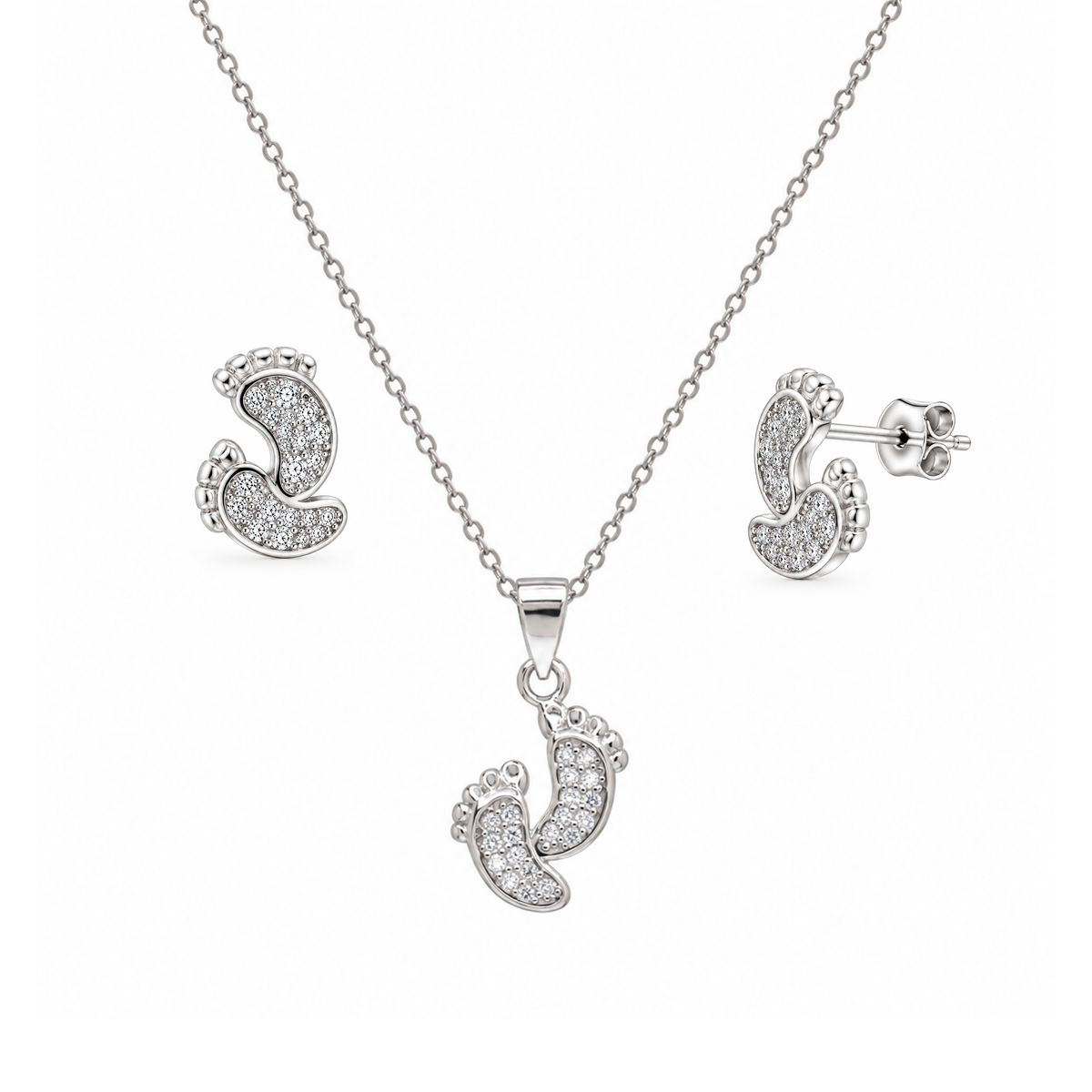 Conjunto de pendientes y collar con forma de pie en plata de ley 925 rodiada - STS00516