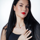 Silver 925 Rhodium Plated Synthetic Ruby Red Heart Clear CZ Stud Earring and Necklace Set - STS00522