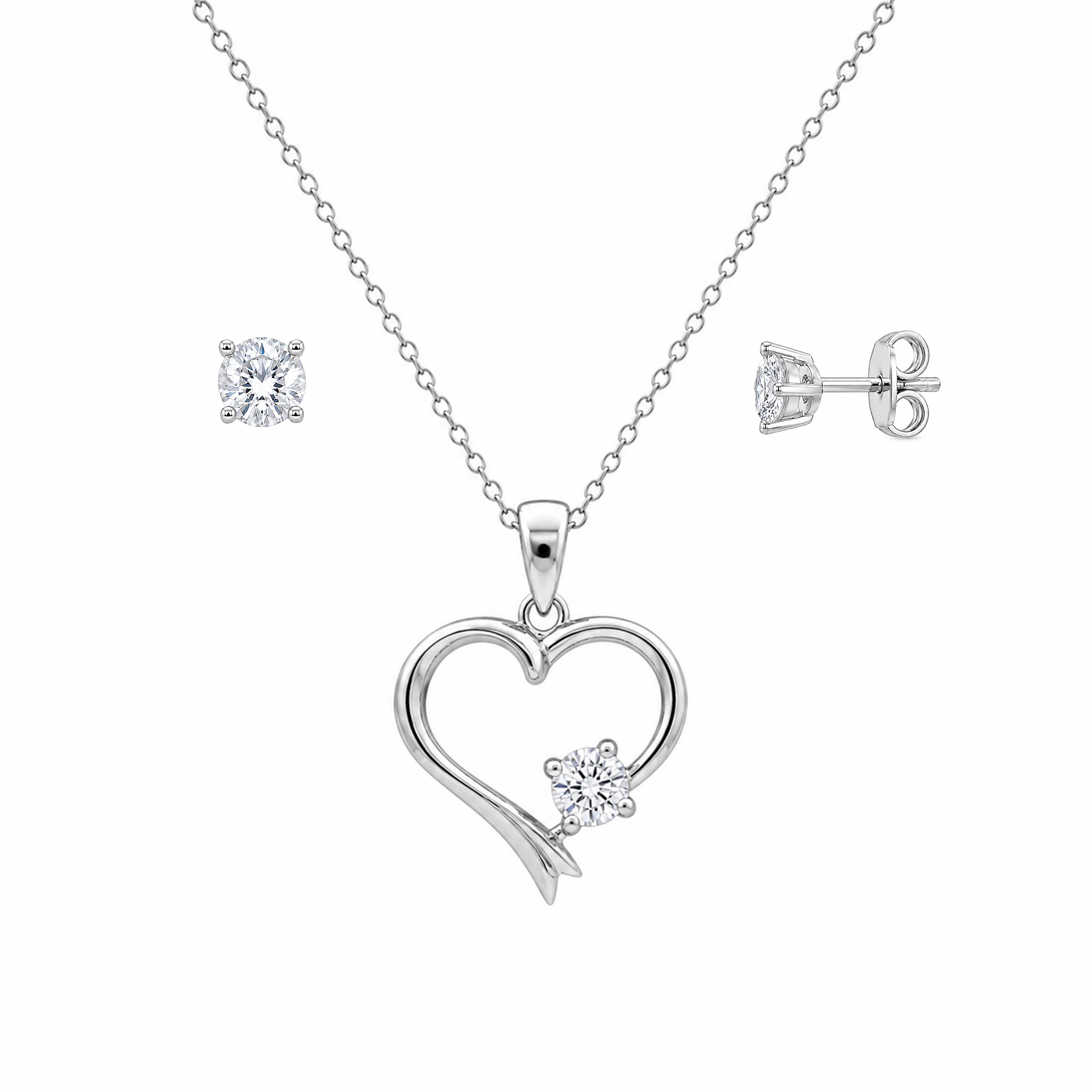 Conjunto de corazón abierto con circonita cúbica en plata de ley 925 rodiada - STS00525