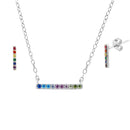 Rhodium Plated 925 Sterling Silver Rainbow Multi Color CZ Bar Necklace & Earring Set- STS00555