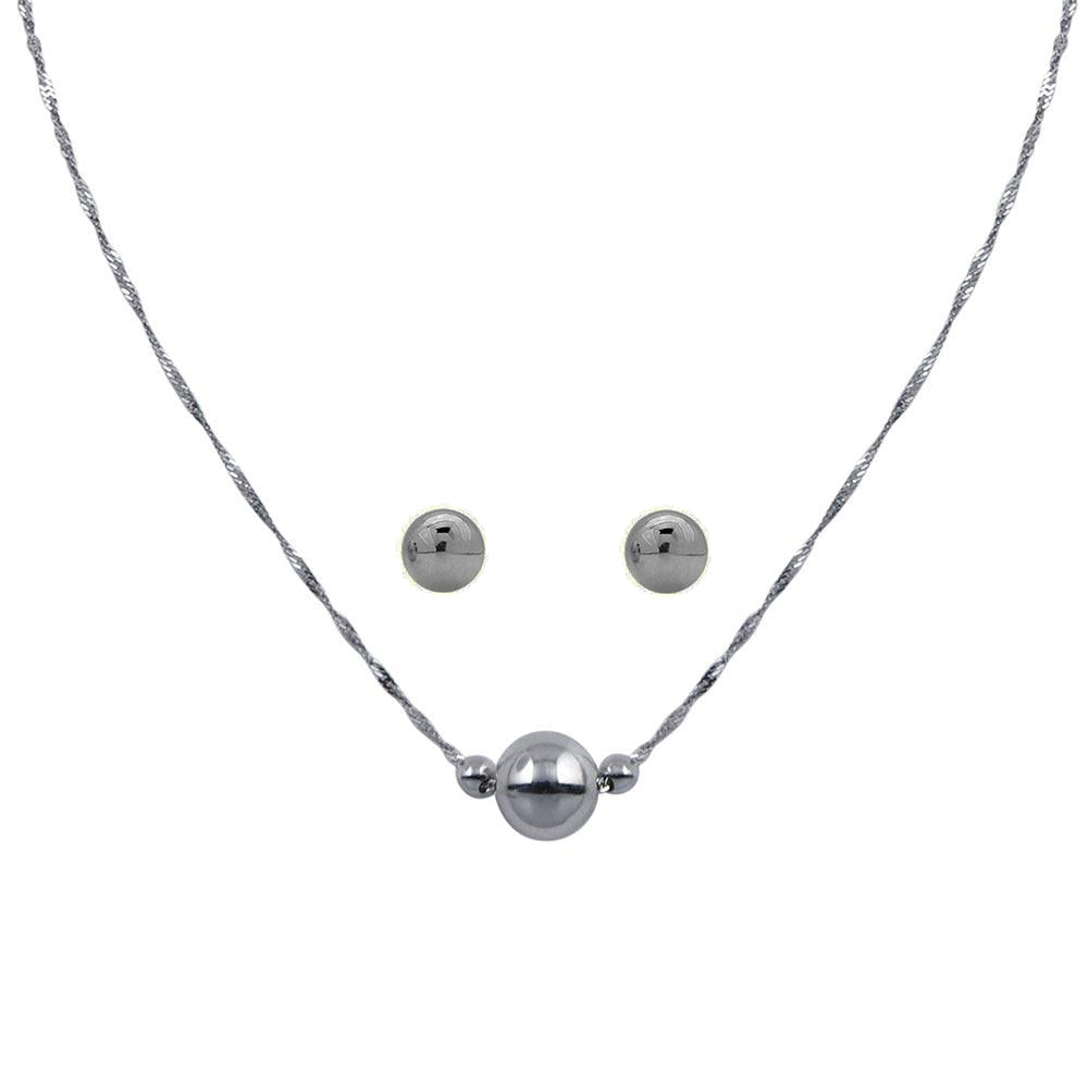 Rhodium Plated 925 Sterling Silver 3 Beads Singapore Chain Necklace & Earring Set - STS00556