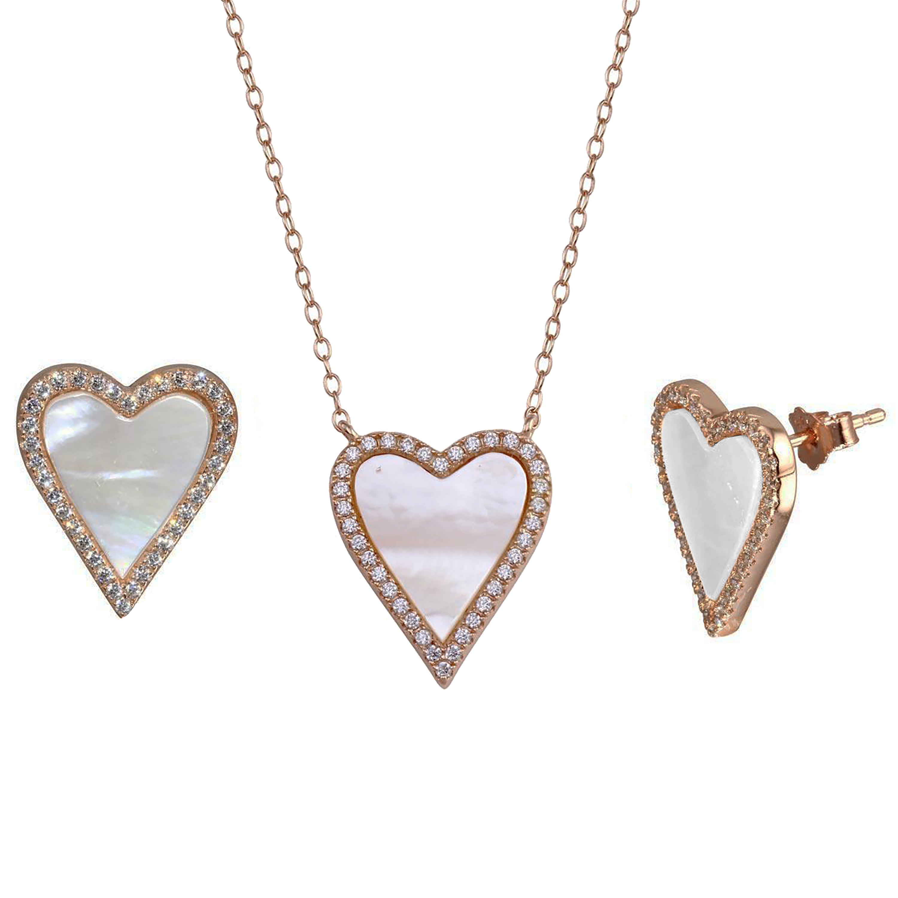 Rose Gold Plated 925 Sterling Silver Heart Mother of Pearl Earring & Necklace Set - STS00566