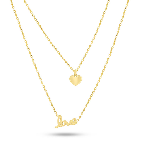 Gold Plated 925 Sterling Silver Dual Strand Love and Heart Adjustable Necklace - VGC18GP