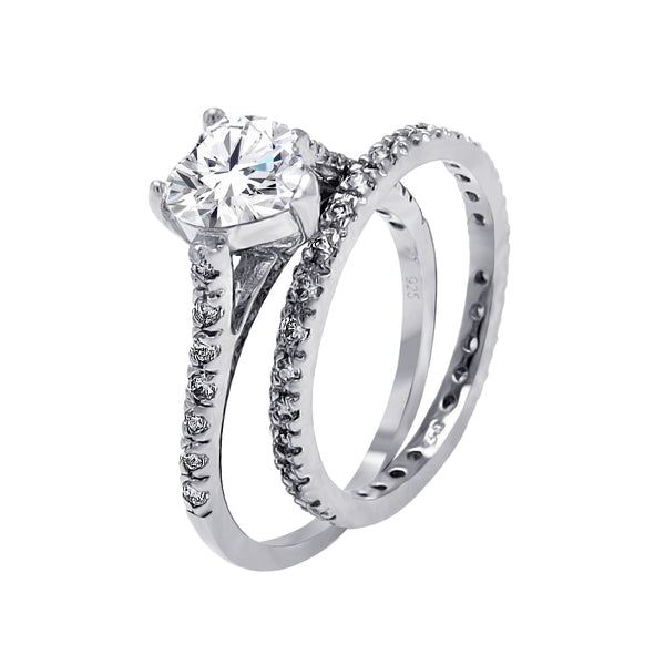 Silver 925 Rhodium Plated Clear CZ Heart Bridal Ring Set - BGR00068