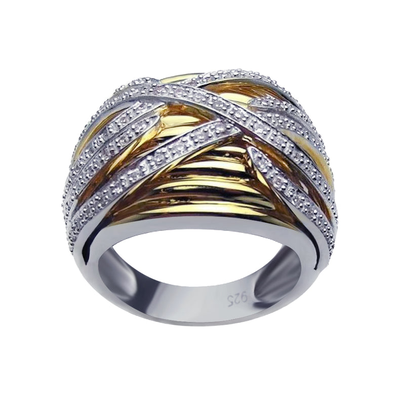 Closeout-Silver 925 Rhodium and Gold Plated Clear CZ Overlapping Ring - BGR00181