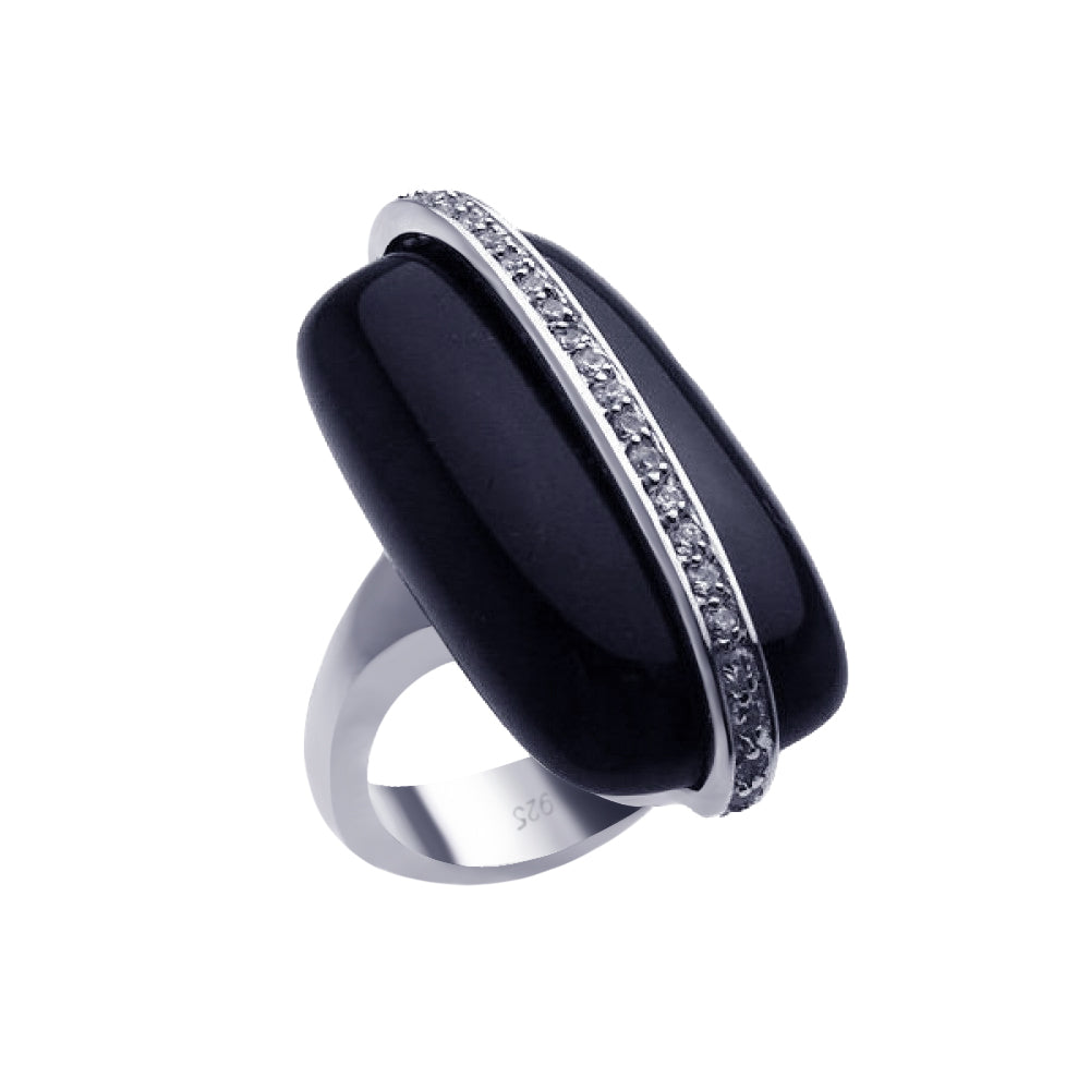Clearance-Silver 925 Rhodium Plated Clear CZ Elongated Black Onyx Ring - BGR00185