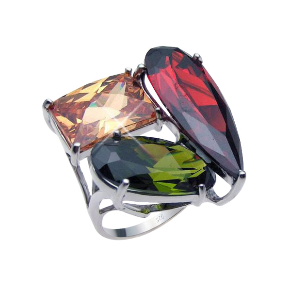 Closeout-Silver 925 Rhodium Plated Large Multi Colored CZ Shaped Ring - BGR00187