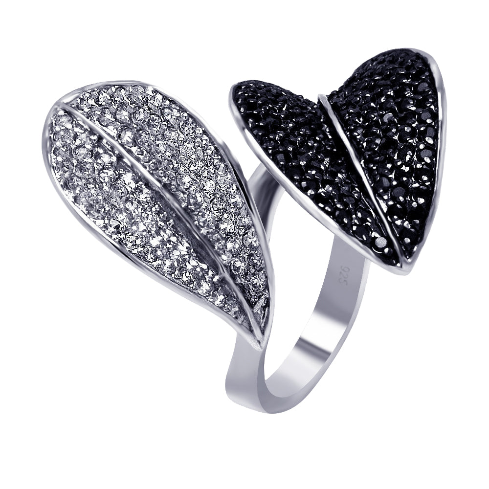Anillo de hoja de circonita cúbica transparente y negra de 2 tonos chapado en rodio y plata 925 - BGR00305