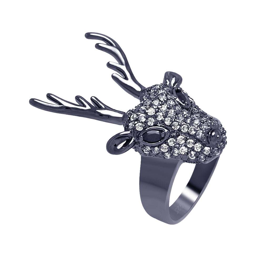 Clearance-Silver 925 Black Rhodium Plated Black and Clear CZ Reindeer Head Ring - BGR00325