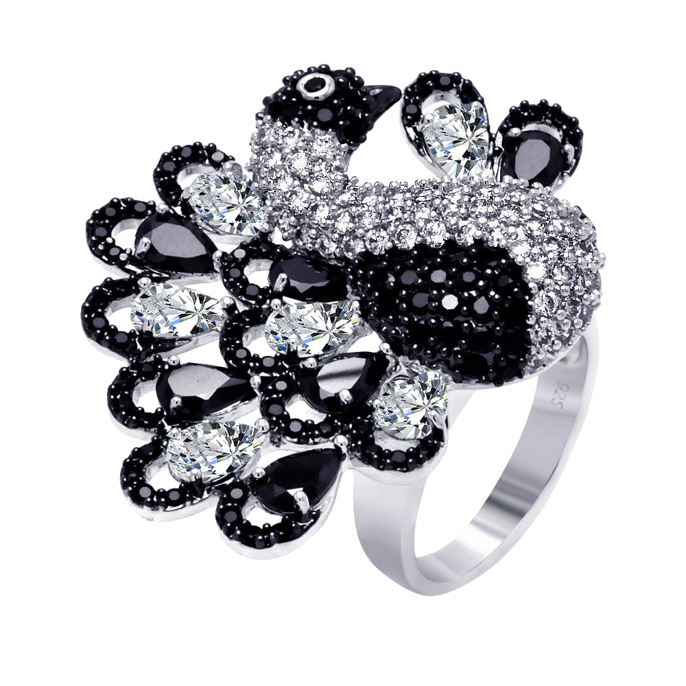 Clearance-Silver 925 Rhodium and Black Rhodium Plated 2 Toned Black and Clear Pave Set CZ Peacock Ring - BGR00354