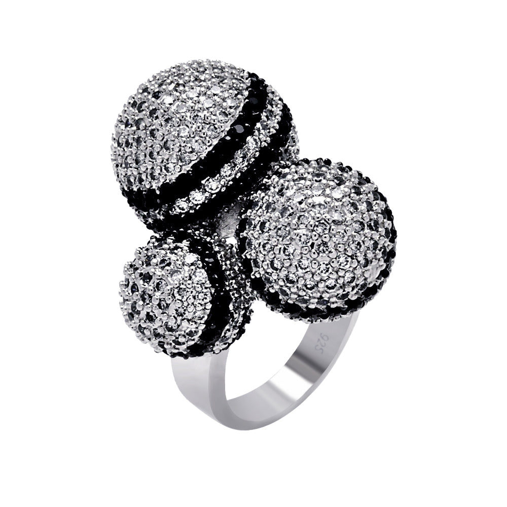 Clearance-Silver 925 Rhodium and Black Rhodium Plated Black and Clear Pave Set CZ Multiple Ball Ring - BGR00355