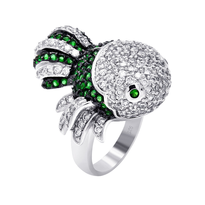 Closeout-Silver 925 Rhodium and Black Rhodium Plated 2 Toned Clear and Green CZ Guppy Fish Ring - BGR00358