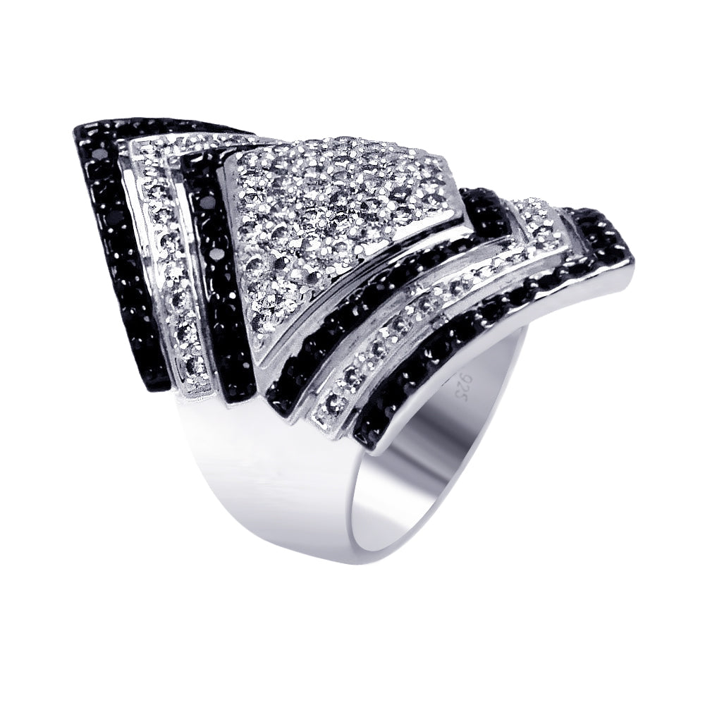 Clearance-Silver 925 Rhodium and Black Rhodium Plated 2 Toned Clear and Black Pave Set CZ Diamond Shaped Ring - BGR00359