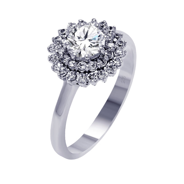 Silver 925 Rhodium Plated Clear Round CZ Bridal Flower Ring - BGR00368