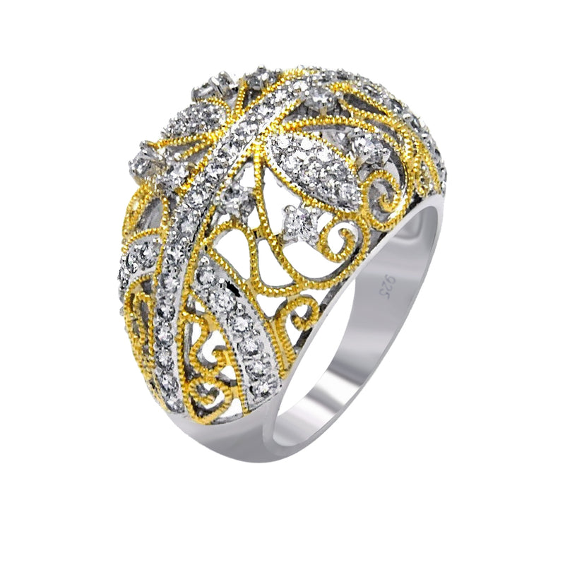 Closeout-Silver 925 Rhodium and Gold Plated 2 Toned Clear CZ Filigree Dome Ring - BGR00374