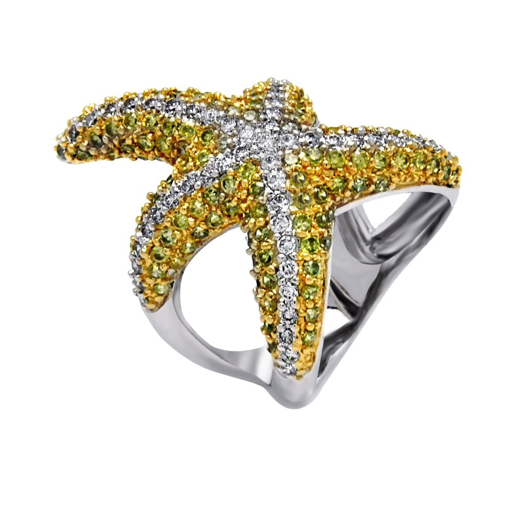 Clearance - Silver 925 Rhodium and Gold Plated 2 Toned Pave Set Green and Clear CZ Starfish Ring - BGR00381