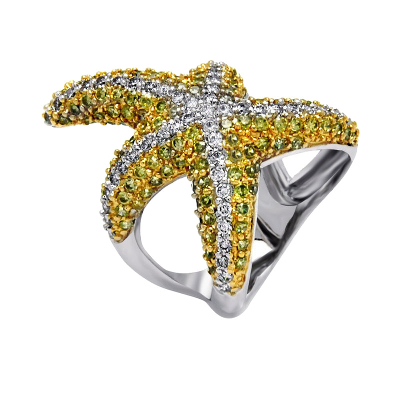 Silver 925 Rhodium and Gold Plated 2 Toned Pave Set Green and Clear CZ Starfish Ring - BGR00381