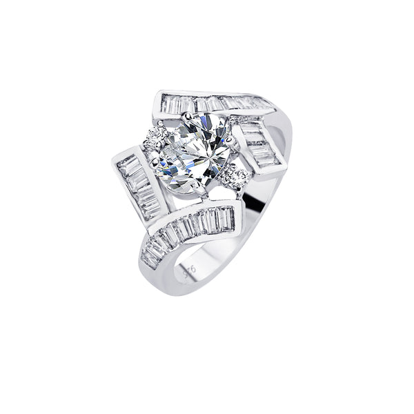 Silver 925 Rhodium Plated Clear Baguette Round Center CZ Overlap Bridal Ring - BGR00566